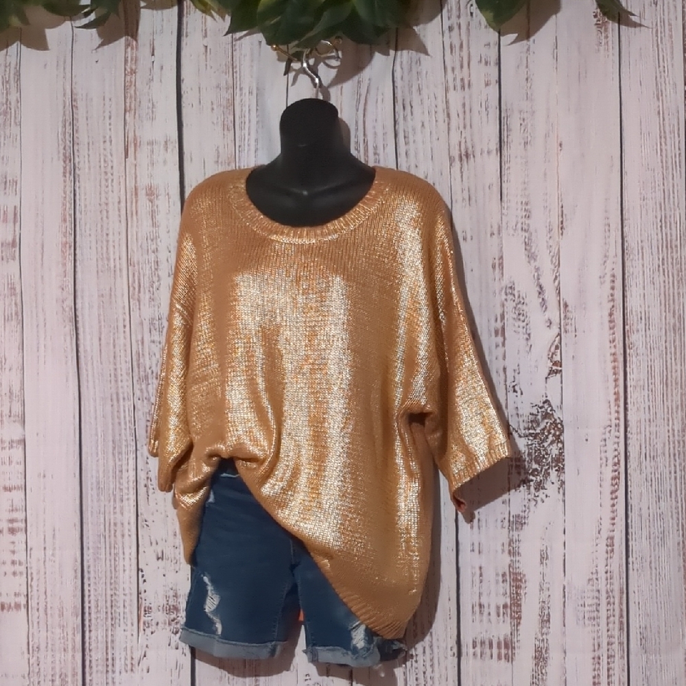 Coldwater Creek Metallic Orange Gold Tunic Drop Shoulder Sweater Short Sleeves